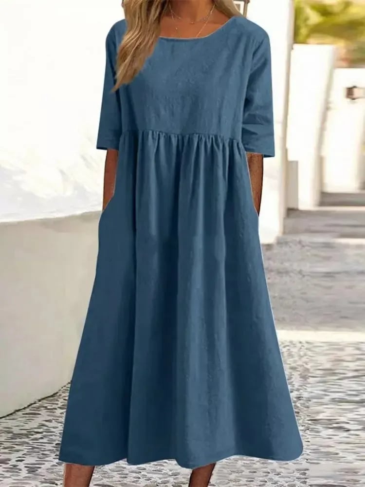👗Réduction pour le début de l'été💝Robe décontractée en coton à col ras du cou et à poches pour femmes(🔥50% de réduction)