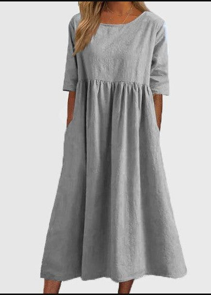 👗Réduction pour le début de l'été💝Robe décontractée en coton à col ras du cou et à poches pour femmes(🔥50% de réduction)