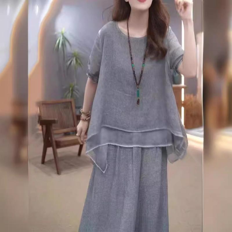 Ensemble 2 pièces en coton lin libre et élégant de couleur unie pour femmes