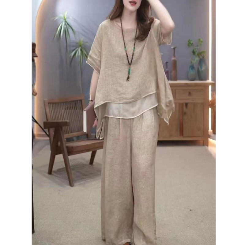 Ensemble 2 pièces en coton lin libre et élégant de couleur unie pour femmes