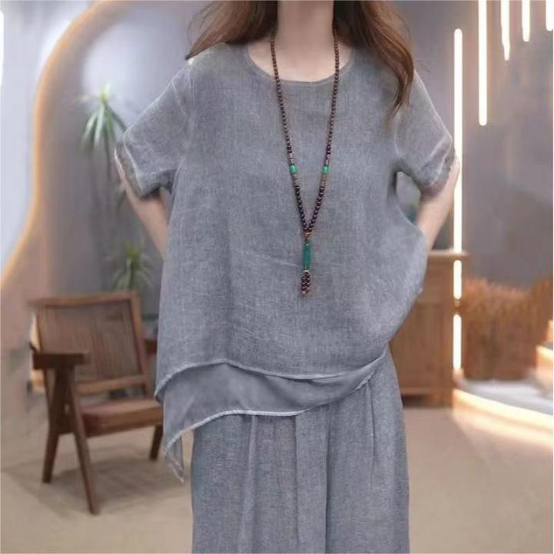 Ensemble 2 pièces en coton lin libre et élégant de couleur unie pour femmes