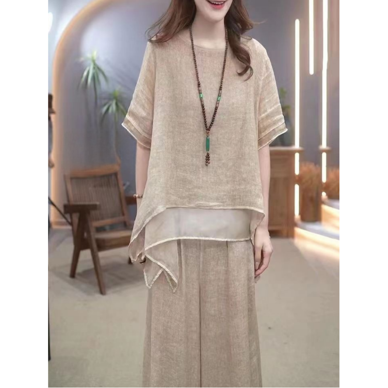 Ensemble 2 pièces en coton lin libre et élégant de couleur unie pour femmes