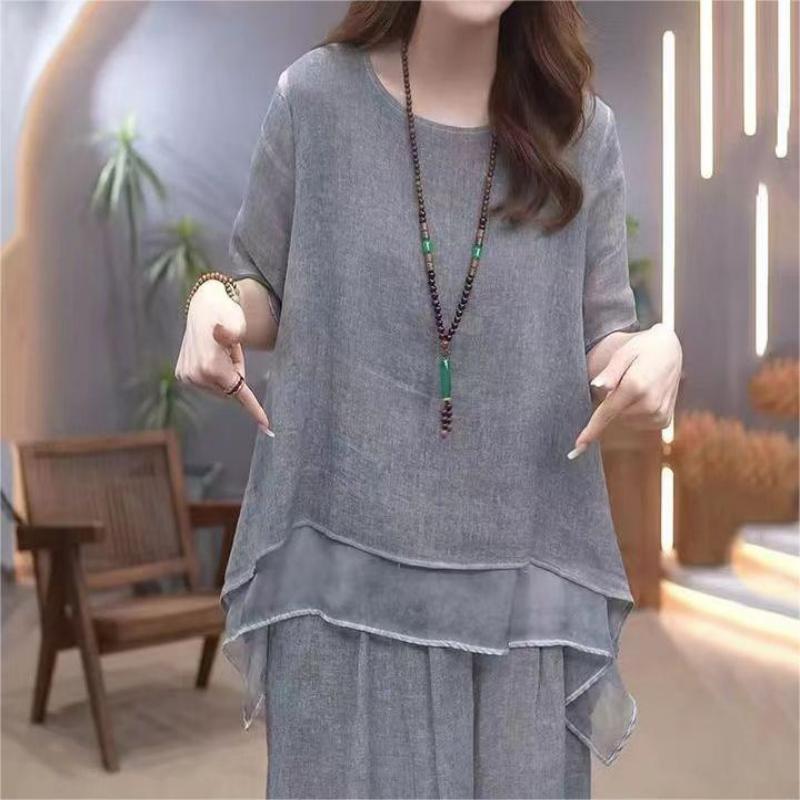 Ensemble 2 pièces en coton lin libre et élégant de couleur unie pour femmes