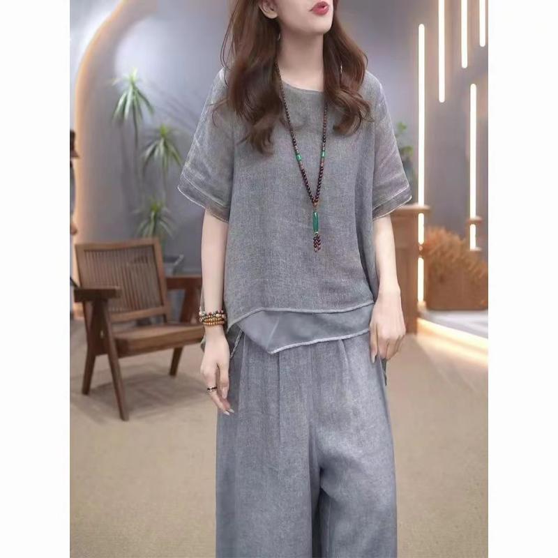 Ensemble 2 pièces en coton lin libre et élégant de couleur unie pour femmes