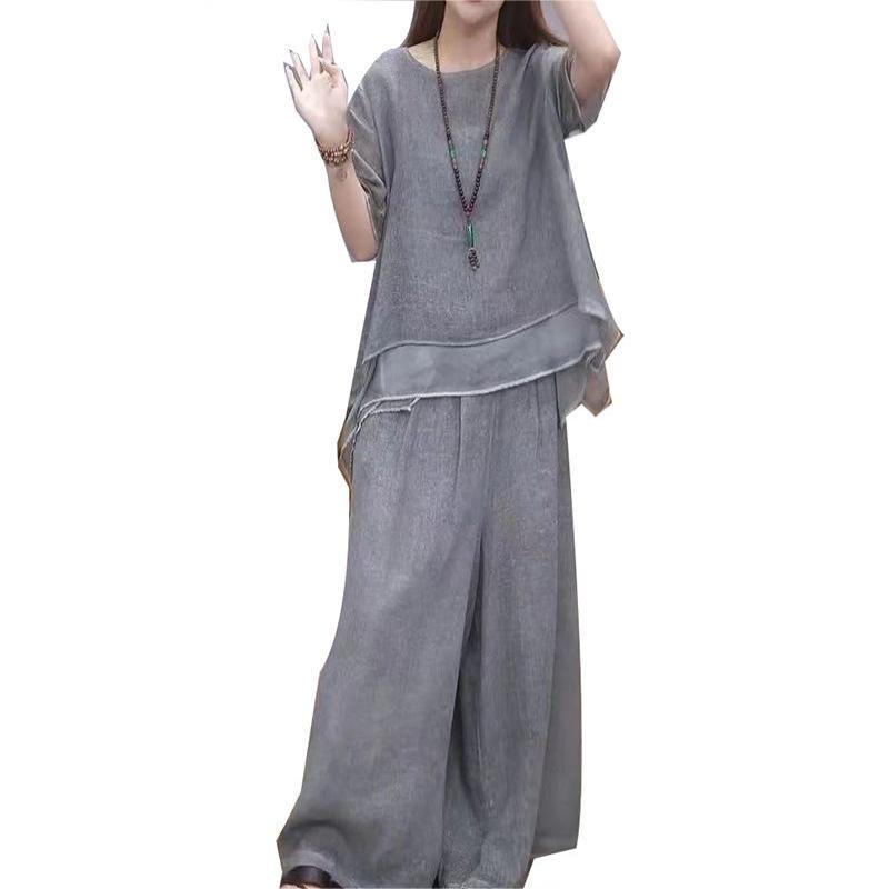 Ensemble 2 pièces en coton lin libre et élégant de couleur unie pour femmes