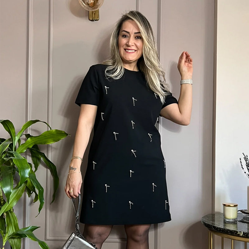 Robe à manches courtes ornée de strass pour femmes