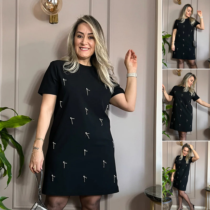 Robe à manches courtes ornée de strass pour femmes