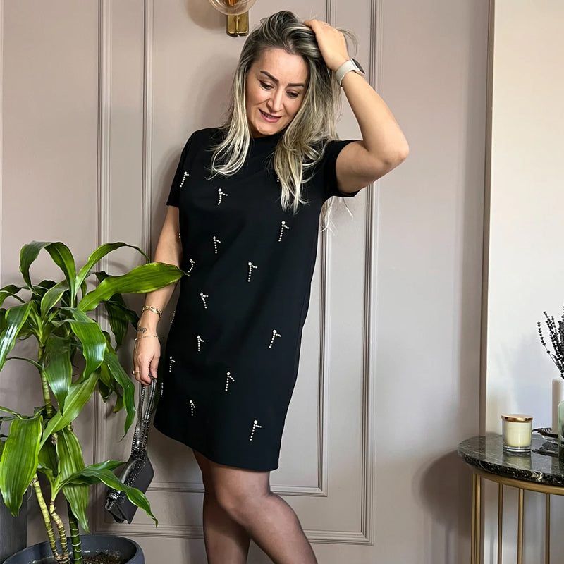 Robe à manches courtes ornée de strass pour femmes