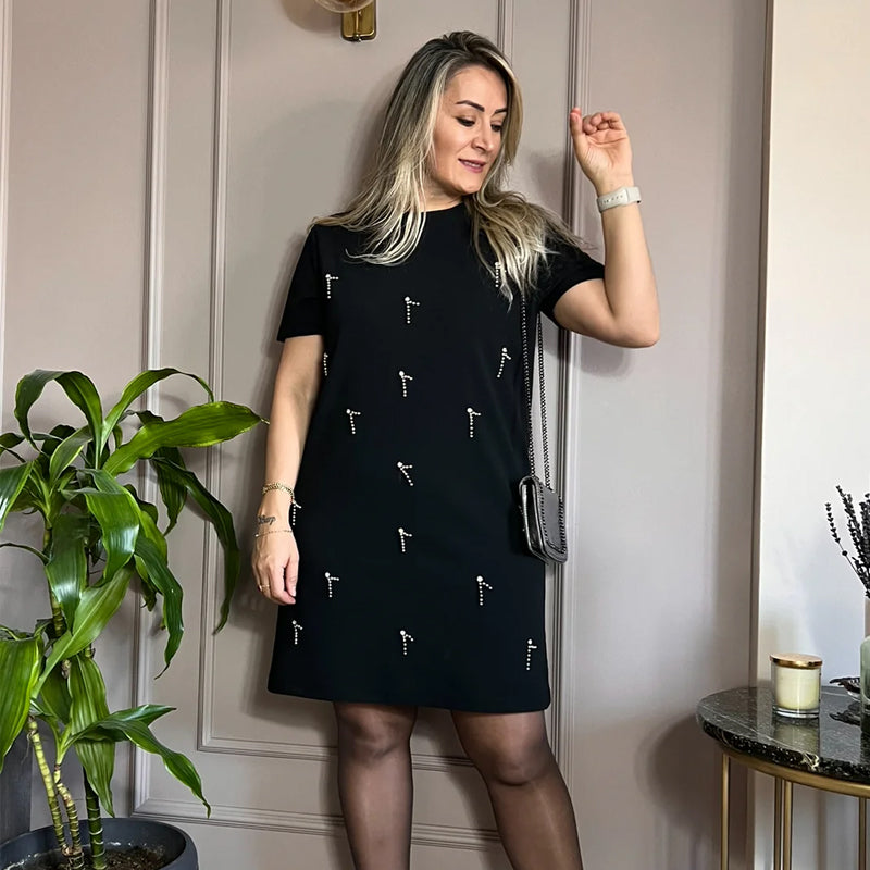 Robe à manches courtes ornée de strass pour femmes