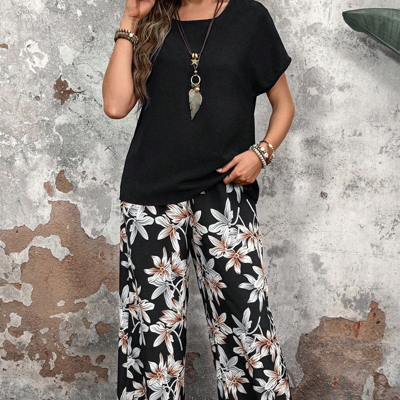 🌸Promotions d'été🌸Ensemble pantalon large et haut à manches courtes pour femmes, décontracté, imprimé floral