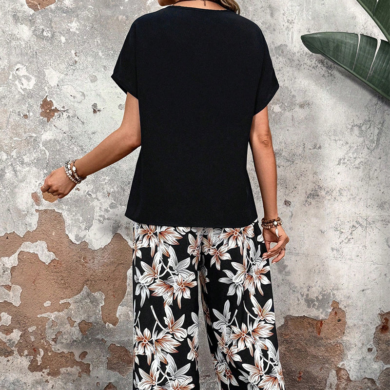 🌸Promotions d'été🌸Ensemble pantalon large et haut à manches courtes pour femmes, décontracté, imprimé floral
