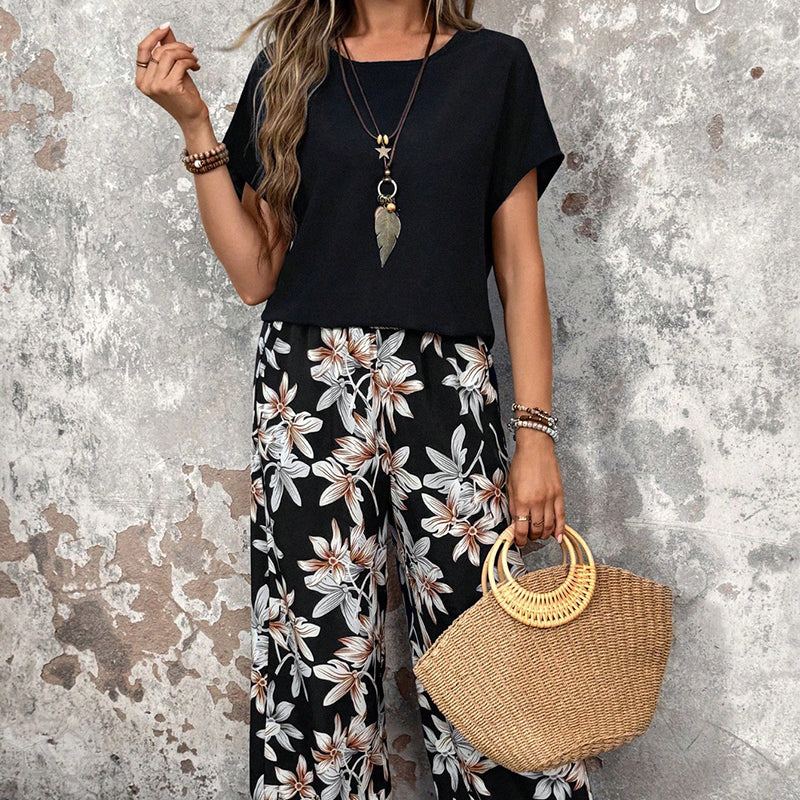 🌸Promotions d'été🌸Ensemble pantalon large et haut à manches courtes pour femmes, décontracté, imprimé floral
