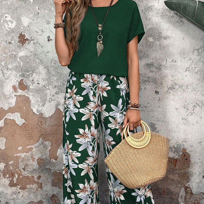 🌸Promotions d'été🌸Ensemble pantalon large et haut à manches courtes pour femmes, décontracté, imprimé floral