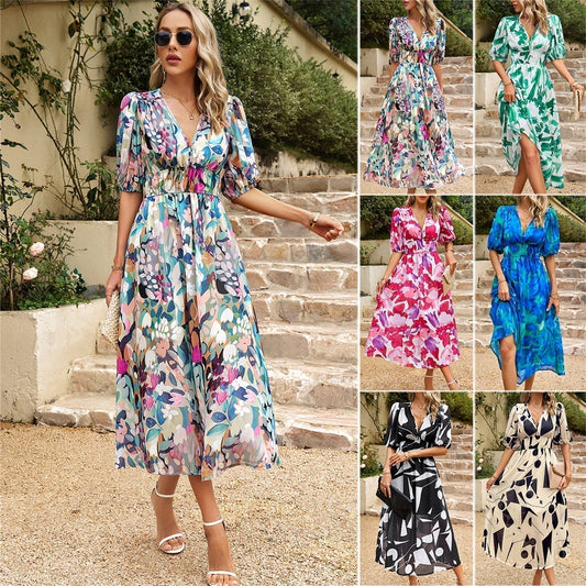 🎁Hot Sale 50% OFF⏳Elegant waist V-neck Floral Printed Dress