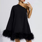 🎊Christmas Pre-sale-40% Off🎊Black Feather Trim One Shoulder Mini Dress