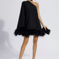 🎊Christmas Pre-sale-40% Off🎊Black Feather Trim One Shoulder Mini Dress