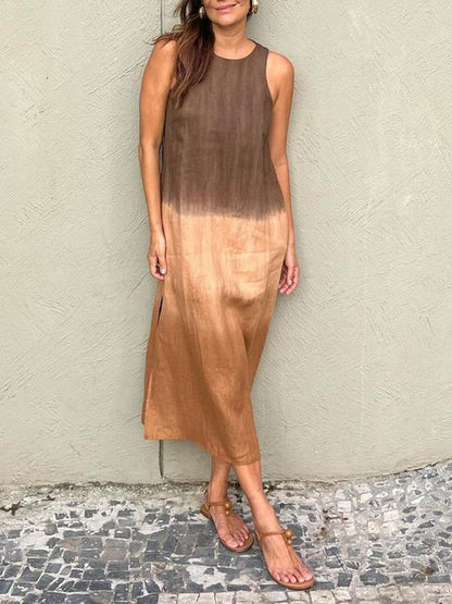 🎁Hot Sale 30% OFF⏳Women's casual cotton and linen sleeveless slit gradient tie-dye long dress