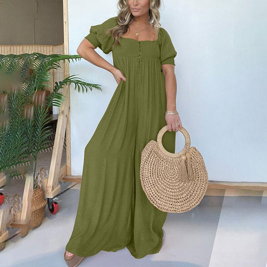 🎁Hot Sale 49% OFF⏳Women's jumpsuit with square neckline and smocked button top
