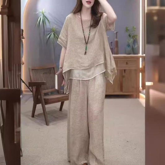 Women's Elegant Solid Color Loose Cotton Linen 2-Piece Set