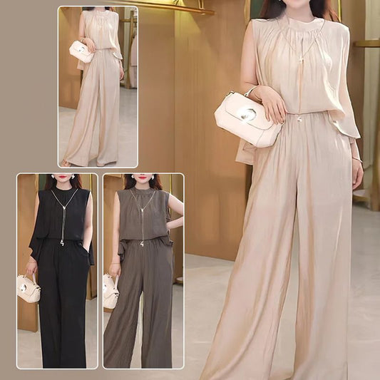 Stylish Flowy 2-piece Set Sleeveless Top and Wide-leg Pants