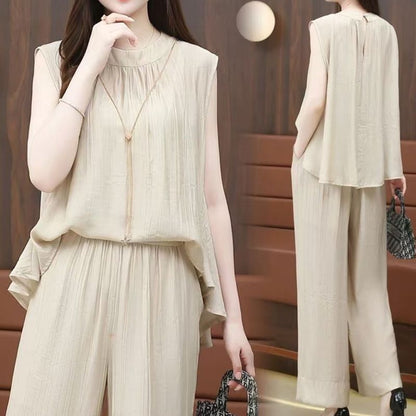 Stylish Flowy 2-piece Set Sleeveless Top and Wide-leg Pants