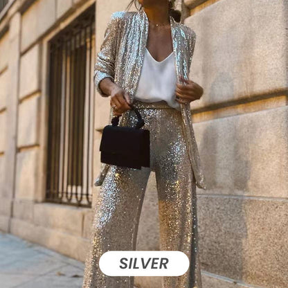 Sequin Open Front Top Wide Leg Pants Set