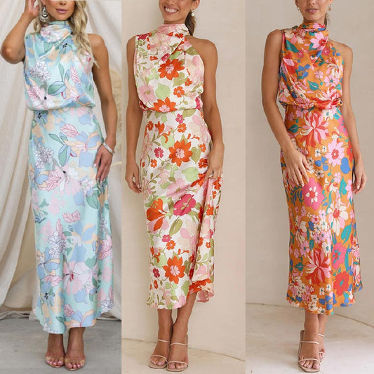 Love In The Garden Floral Halter Neck Elastic Waist Maxi Dress