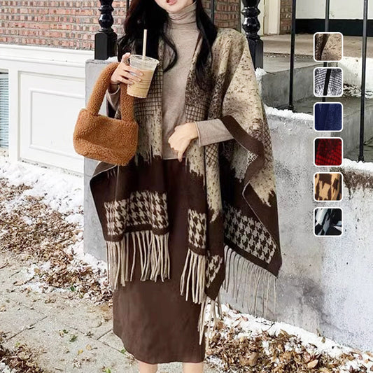 Women's Elegant Poncho Wrap with Fringe Trim