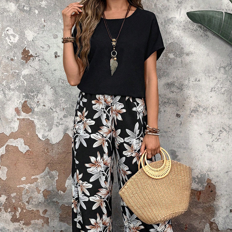 🌸Promotions d'été🌸Ensemble pantalon large et haut à manches courtes pour femmes, décontracté, imprimé floral