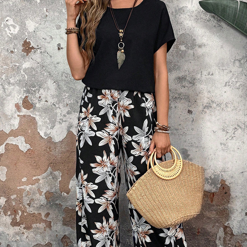 🌸Promotions d'été🌸Ensemble pantalon large et haut à manches courtes pour femmes, décontracté, imprimé floral