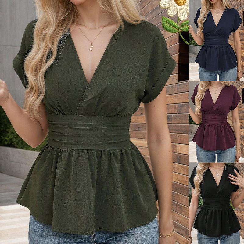 🔥2025 Été Nouveau-Femmes 🩷Col en V Taille-amincissant Couleur unie Manches Plongeantes Jupe T-Shirt Plissé