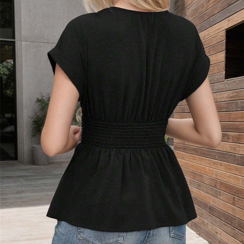 🔥2025 Été Nouveau-Femmes 🩷Col en V Taille-amincissant Couleur unie Manches Plongeantes Jupe T-Shirt Plissé