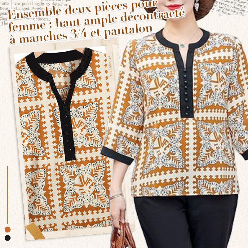 Ensemble deux pièces pour femme : haut ample décontracté à manches 3/4 et pantalon