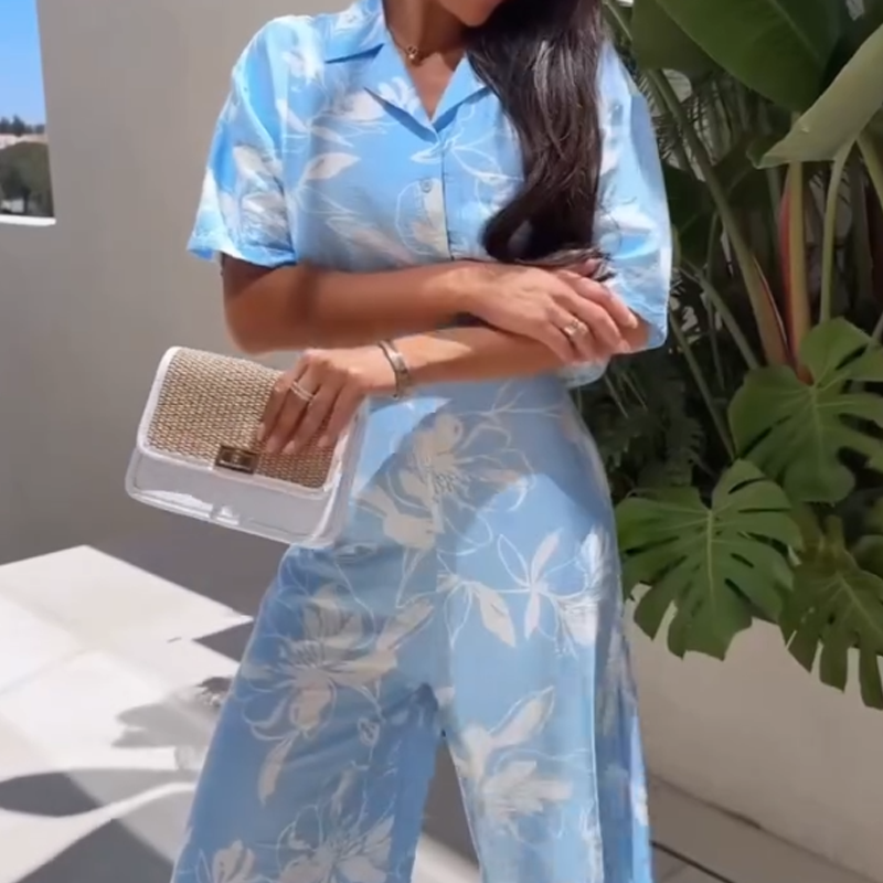 Chemise à manches courtes imprimée décontractée pour femmes Ensemble pantalon large