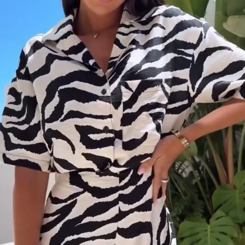 Chemise à manches courtes imprimée décontractée pour femmes Ensemble pantalon large