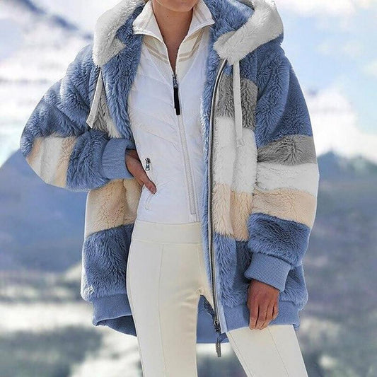 🎅🎄Christmas Early Sale 40% OFF🎄Women's 2023 Winter Plush Hooded Colorblock Jacket With Pockets